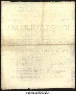 Quod Deus Opt. Max. Felix Esse Iubeat Et Fortunatum, Nomini Suo Sanctissimo Gloriosum, Ecclesiae Totique Reipublicae Literariae Prosperum, Nec Non Inclutae Salanae Honorificum Et Salutare, Autoritate ... Domino Ioanne Guilielmo, Duce Saxoniae ... Domino Georg. Wolffgango Wedelio, Medic. Doctore ... Dn. Valentinus Velthem/ S.S. Theol. Doctor Et Professor Publicus Famigeratissimus Promotor Legitime Designatus ... Dn. Polycarpo Lysero, Capituli S.S. Cosmae Et Damiani Seniori, Ecclesiarumque Wunstorpiensium ... Superintendenti ... Supremus In Theologia Honores In Aede Collegii Sacra Die XIV. Octobr. Ritibus ... humilime, officiose & amanter invitat Fridemannus Bechmann/ D. Prof. Publ. Et Collegii Theol. H. T. Decanus. P. P. Die XII. Octobr. M DC XC.