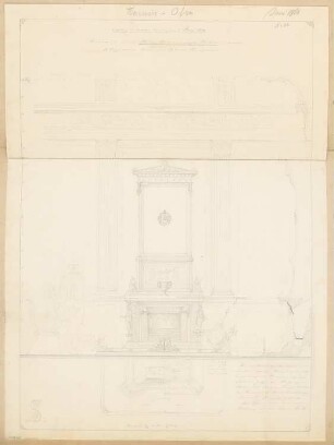 Kaminofen Monatskonkurrenz Juni 1860: Grundriss, Aufriss Vorderansicht, Vertikalschnitt; Maßstabsleiste, Erläuterungstext