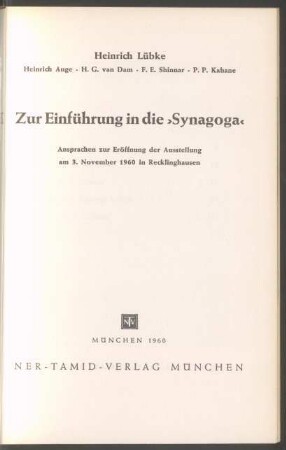 Zur Einführung in die "Synagoga" : Ansprachen zur Eröffnung der Ausstellung am 3. November 1960 in Recklinghausen