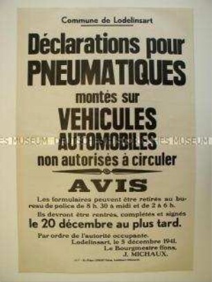Maueranschlag für das besetzte Belgien mit der Verordnung für die Vergabe an Reifen für Autos, die nicht für den Verkehr freigegeben sind (einsprachig)