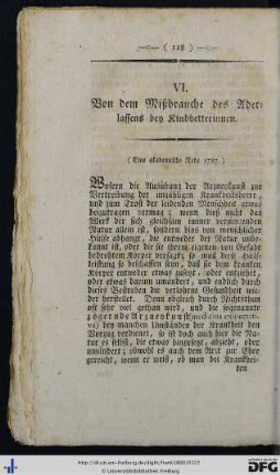 VI. Von dem Mißbrauche des Aderlassens bey Kindbetterinnen.