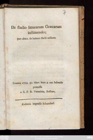2: De huiusce studii utilitate : Examini 1789, 30. Mart. hora 9. ant. habendo