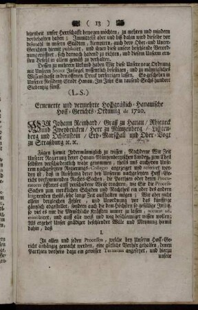 Erneuerte und vermehrte Hochgräflich-Hanauische Hoff-Gerichts-Ordnung de 1720.