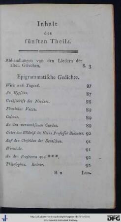 Inhalt des fünften Theils.