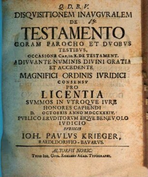 Disqvisitionem inavgvralem de testamento coram parocho et dvobvs testibvs
