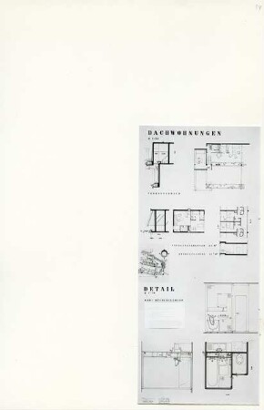 Wohnquartier Alt-Lietzow, Berlin-Charlottenburg (Diplomarbeit bei Willy Kreuer): Dachwohnungen, Grundrisse 1:50 und Detail 1:10