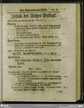 Inhalt der Vesper-Predigt [Am Himmelfarths-Feste]