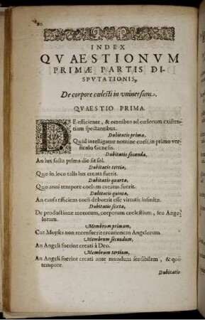 Index Quaestionum Primae Partis Disputationis, De corpore caelesti in universum.