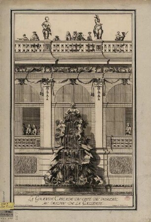 Große Kaskade an der Langgalerie im Zwinger in Dresden, Kupferstich, 1721 : La Grande Cascade Du Coté Du Portail Au Milieu De La Gallerie / Inventées et designées par M. D. Pöppelmann. Gravée par J. G. Schmidt. - Dresde , [1721]. - 1 Aufriss : Kupferst. ; 30 x 45 cm
