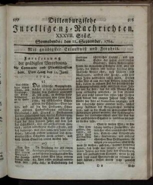 XXXVII. Stück. Sonnabends: den 11. September, 1784.