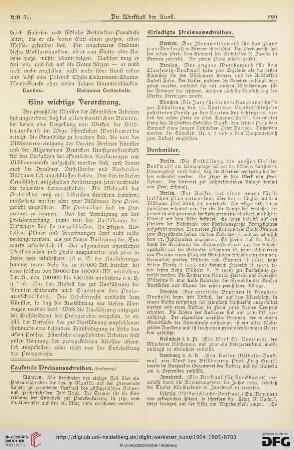 Todesfälle / Gedenktage / Aus Künstler-Vereinen / Aus Kunstvereinen / Vom Kunsthandel / Aus Galerien und Museen / Auktionen / Vermischtes / Literatur-Umschau / Briefkasten der Schriftleitung / Werbung