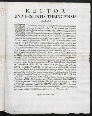 Rector Universitatis Tubingensis Lectoribus Sal.