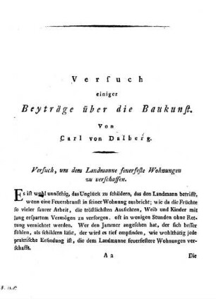 Versuch, um dem Landmanne feuerfeste Wohnungen zu verschaffen.