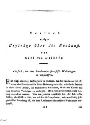 Versuch, um dem Landmanne feuerfeste Wohnungen zu verschaffen.