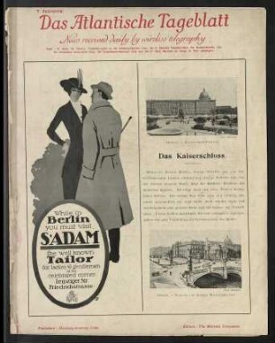 Das Atlantische Tageblatt 7. Jahrgang - Presented gratis by the Hamburg-Amerika Linie - News received daily by wireless telegraphy