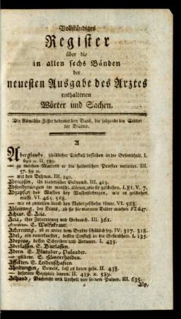 Vollständiges Register über die in allen sechs Bänden der neuesten Ausgabe des Arztes enthaltenen Wörter und Sachen