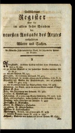 Vollständiges Register über die in allen sechs Bänden der neuesten Ausgabe des Arztes enthaltenen Wörter und Sachen