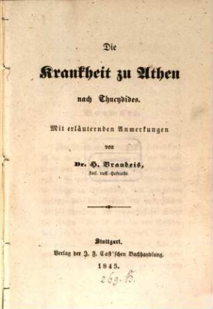 Die Krankheit zu Athen : Mit erläuternden Anmerkungen von H. ??
