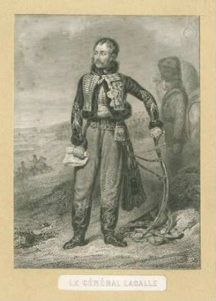 General Lasalle in Husarenuniform stehend auf Degen gestützt, hinter ihm stramm stehender Kavalleriesoldat