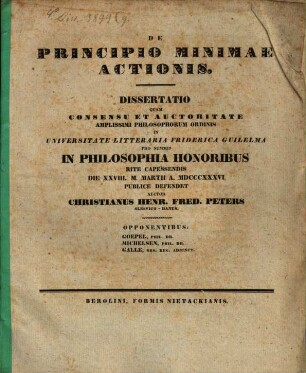De principio minimae actionis : Diss. (inaug. philos.)