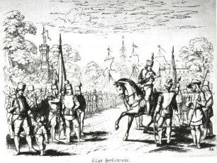 Eine Bergparade (Petersstraße mit Schwedendenkmal und Petrikirche in Freiberg) : Illustration zu Heuchler "Die Bergknappen" 1857, Blatt 46
