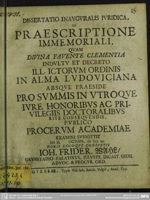 Dissertatio Inauguralis De Praescriptione Immemoriali