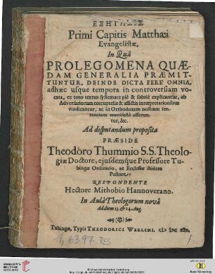 Exēgēsis Primi Capitis Matthaei Evangelistae : In Qua Prolegomena Quaedam Generalia Praemittuntur, Deinde Dicta Fere Omnia, adhaec usque tempora in controversiam vocata ...