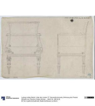 Berlin, Unter den Linden 37. Generalkommando, Wohnung des Prinzen Wilhelm von Preußen, Rotes Zimmer. Entwurf zu einem Sessel