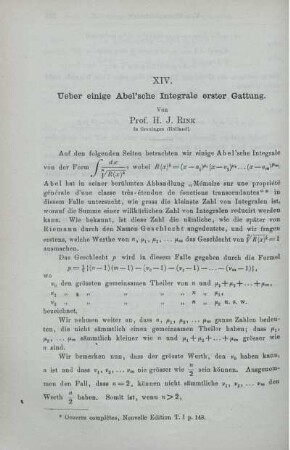 XIV. Ueber einige Abel´sche Integrale erster Gattung.