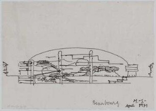 Internationaler Wettbewerb Centre national d'art et de culture Georges-Pompidou (‘Centre Beaubourg‘) (nicht realisiert), 2. Preis – Schnitt. Paris-4. Arrondissement, Place Georges-Pompidou