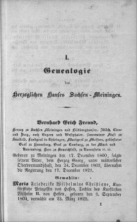 I. Genealogie des Herzoglichen Hauses Sachsen Meiningen