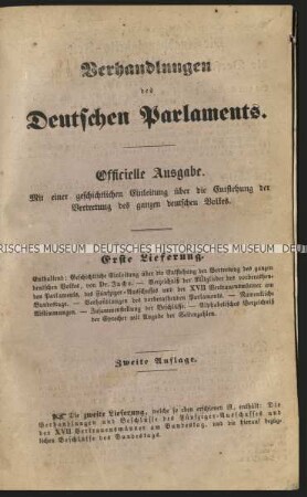 Publikation über die Verhandlungen des Deutsches Parlaments. Erste Lieferung, 1848
