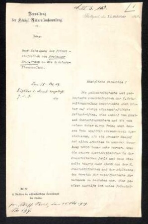 Schreiben E. Fraas bezüglich der Schenkung seiner Privatbibliothek an die Königliche Naturaliensammlung