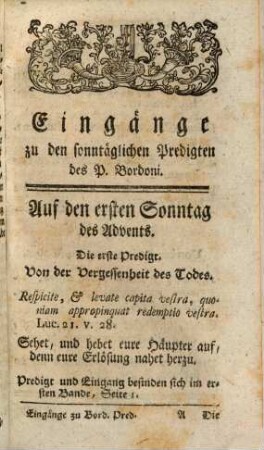Rednerische Eingänge zu Josephs Anton Bordoni Predigten auf alle Sonn- und Festtage für mehrere Jahre