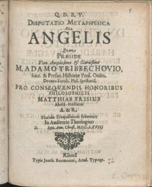 Disputatio Metaphysica De Angelis