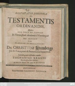 Disputatio Iuridica De Testamentis Ordinandis