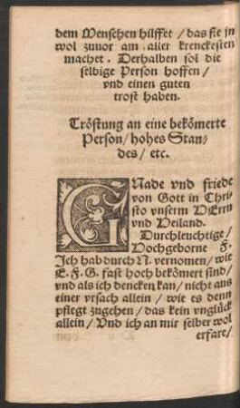 Tröstung an eine bekömerte Person/ hohes Standes/ etc.