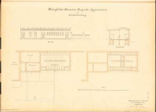Kaiserin-Augusta-Gymnasium, Berlin-Charlottenburg: Abbortgebäude: Ansicht, Querschnitt, 2 Grundrisse 1:100