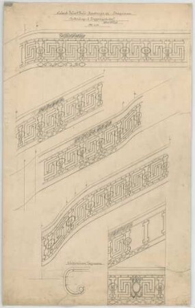 Thiersch, August ; München, Leopoldstr. 19; Wohnhaus Rau - Brüstungs - u. Treppengeländer (Details)