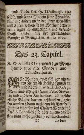 Das 23. Capitel. S. Walburg erneuert zu Monheimb ihre alte Gnaden und Wunderthaten.
