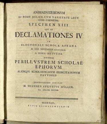 Spec. 13: Animadversionum In Pomp. Melam, Cum Varietate Lect. Cod. Cibiniens. Specimen XIII.