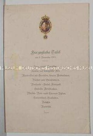 Speisekarte von der herzoglichen Tafel am 3. November 1913