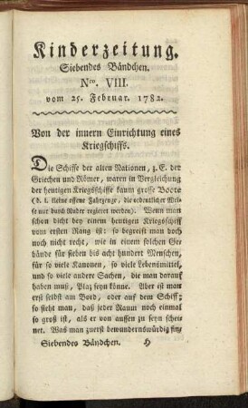 Kinderzeitung. Siebendes Bändchen. Nro. VIII. vom 25. Februar. 1782.