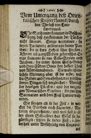 Vom Untergang des Orientalischen Kayserthums / durch den Verlust von Constatinopel.