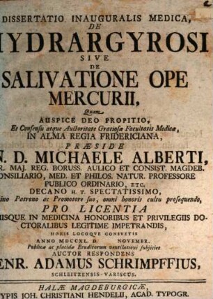 Dissertatio Inauguralis Medica, De Hydrargyrosi Sive De Salivatione Ope Mercurii
