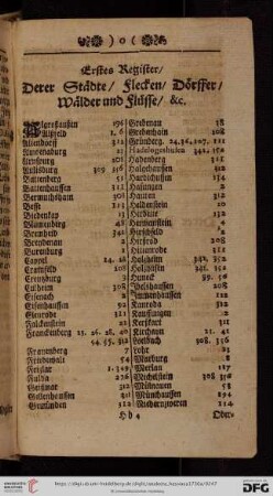 Erstes Register / Derer Städte / Flecken / Dörffer / Wälder und Flüsse