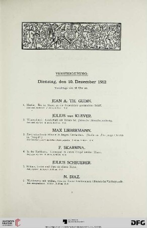 Versteigerung: Dienstag, den 10. Dezember 1912 vormittags von 10 Uhr ab (Nr. 1-184)
