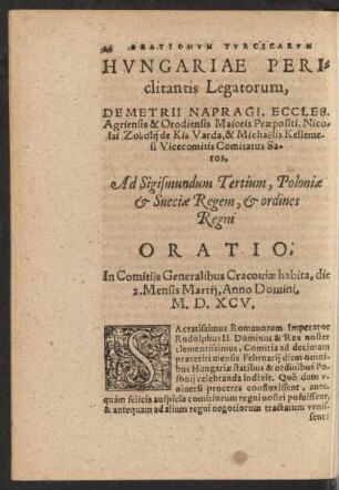 Hungariae Periclitantis Legatorum ... Ad Sigismundum Tertium Poloniae et Sueciae Regem ... Oratio