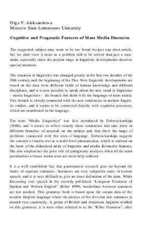 Cognitive and pragmatic features of mass media discourse