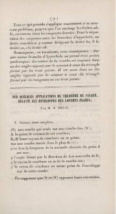 Sur quelques applications du théorème de Savary, relatif aux enveloppes des courbes planes.